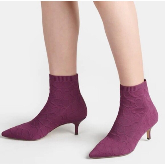Coach Jade Signature Logo Knit Stretch Sock Bootie In Deep Berry Sz 6.5 New - Picture 10 of 10